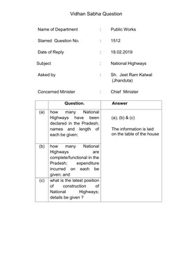 Vidhan Sabha Question