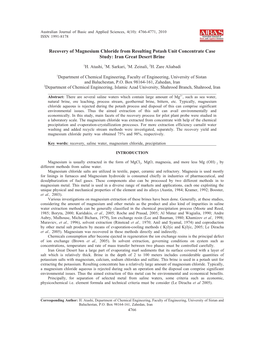 Recovery of Magnesium Chloride from Resulting Potash Unit Concentrate Case Study: Iran Great Desert Brine