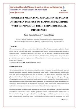 Important Medicinal and Aromatic Plants of Shopian District of Jammu and Kashmir, with Emphasis on Their Ethnobotanical Importance