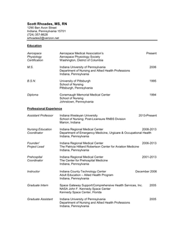 Scott Rhoades, MS, RN 1290 Ben Avon Street Indiana, Pennsylvania 15701 (724) 357-8628 Srhoades2@Verizon.Net