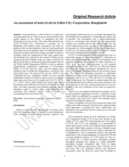 Original Research Article an Assessment of Noise Levels in Sylhet City Corporation, Bangladesh