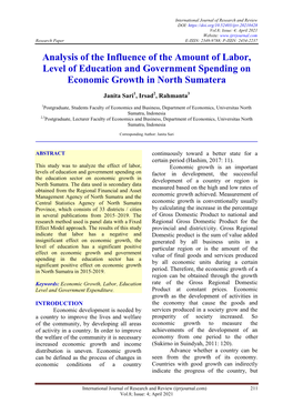 Analysis of the Influence of the Amount of Labor, Level of Education and Government Spending on Economic Growth in North Sumatera