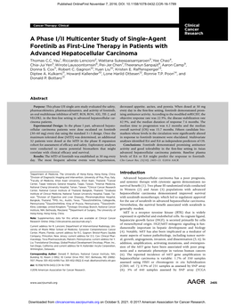 A Phase I/II Multicenter Study of Single-Agent Foretinib As First-Line Therapy in Patients with Advanced Hepatocellular Carcinoma Thomas C.C