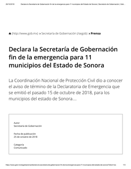 Declara La Secretaría De Gobernación N De La Emergencia Para 11