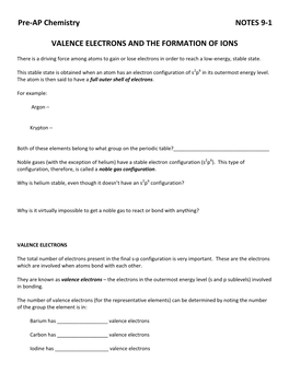 Pre-AP Chemistry NOTES 9-1 VALENCE ELECTRONS and the FORMATION of IONS