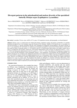 Divergent Patterns in the Mitochondrial and Nuclear Diversity of the Specialized Butterfly Plebejus Argus (Lepidoptera: Lycaenidae)