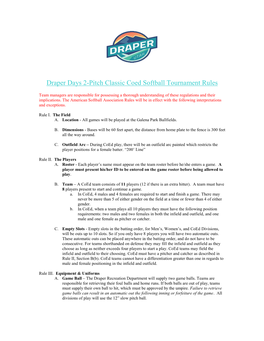 Draper Days 2-Pitch Classic Coed Softball Tournament Rules