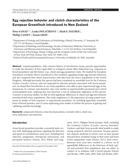 Egg Rejection Behavior and Clutch Characteristics of the European Greenfinch Introduced to New Zealand