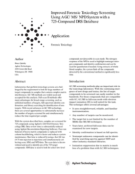 Improved Forensic Toxicology Screening Using a GC/MS/NPD System with a 725-Compound DRS Database