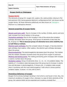 XII Topic: P Block Elements- 16Th Group Subject: Chemistry Oxygen