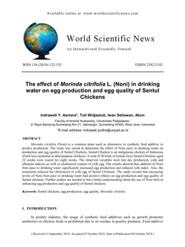 The Effect of Morinda Citrifolia L. (Noni) in Drinking Water on Egg Production and Egg Quality of Sentul Chickens