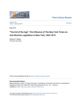 The Influence of the NEW YORK TIMES on Anti-Abortion Legislation in New York, 1865-1873 Sahand K