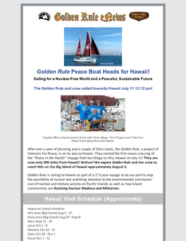Golden Rule Peace Boat Heads for Hawaii! Hawaii Visit Schedule