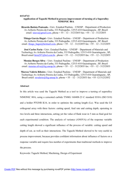 015-0713 Application of Taguchi Method in Process Improvement of Turning of a Superalloy NIMONIC 80A