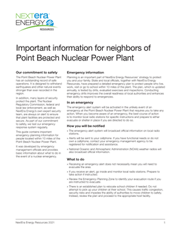 Important Information for Neighbors of Point Beach Nuclear Power Plant