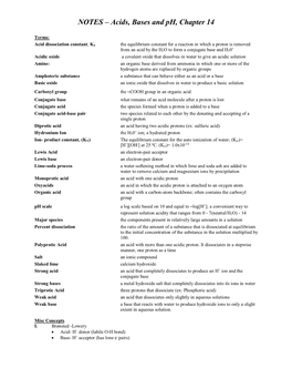 NOTES – Acids, Bases and Ph, Chapter 14