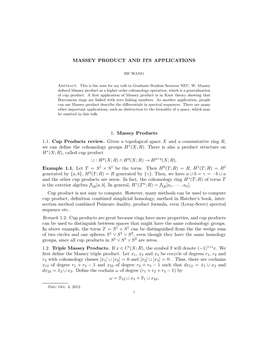 MASSEY PRODUCT and ITS APPLICATIONS 1. Massey Products 1.1. Cup Products Review. Given a Topological Space X and a Commutative R