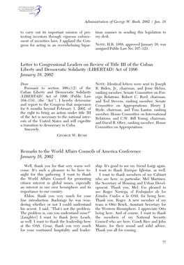 Letter to Congressional Leaders on Review of Title III of the Cuban Liberty and Democratic Solidarity (LIBERTAD) Act of 1996 January 16, 2002