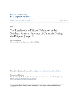 The Results of the Edict of Toleration in the Southern Austrian Province of Carinthia During the Reign of Joseph II
