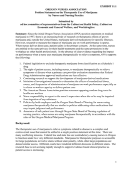 EXHIBIT 11.1 1 OREGON NURSES ASSOCIATION Position Statement on the Therapeutic Use of Marijuana by Nurses and Nursing Practice