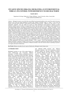Invasive Species Mikania Micrantha an Environmental Threat, Its Control with Reference to Eri Silk Worm