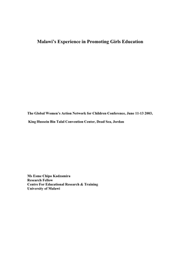 Malawi's Experience in Promoting Girls Education