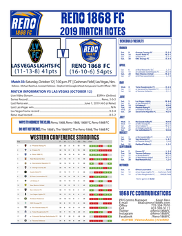 Reno 1868 Fc 2019 Match Notes Schedule/Results