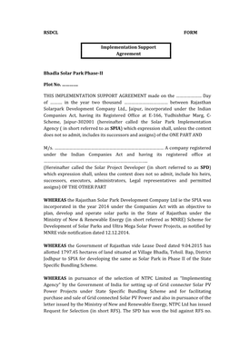 RSDCL FORM Implementation Support Agreement Bhadla Solar Park Phase-II Plot