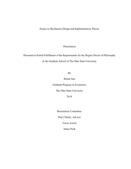 1 Essays in Mechanism Design and Implementation Theory Dissertation