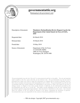 Mandatory Declassification Review Request Log for the Department of the United Stated Air Force (USAF), 2010