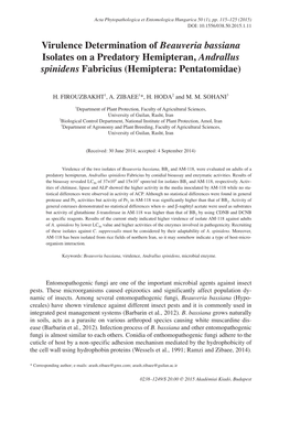 Virulence Determination of Beauveria Bassiana Isolates on a Predatory Hemipteran, Andrallus Spinidens Fabricius (Hemiptera: Pentatomidae)