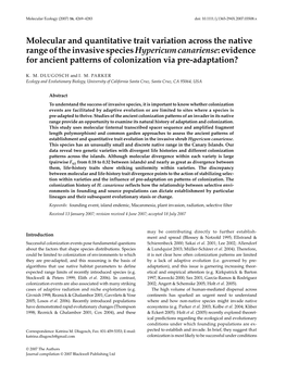 Molecular and Quantitative Trait Variation Across the Native Range of the Invasive Specieshypericum Canariense