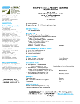 NFRMPO TECHNICAL ADVISORY COMMITTEE MEETING AGENDA May 20, 2015 Windsor Community Recreation Center Th 419 Canyon Avenue, Suite 300 250 N