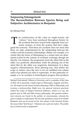 Surpassing Estrangement: the Reconciliation Between Species Being and Subjective Architectonics in Benjamin