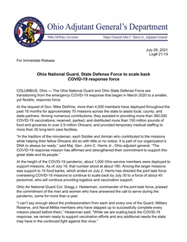 Ohio National Guard, State Defense Force to Scale Back COVID-19 Response Force