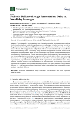 Probiotic Delivery Through Fermentation: Dairy Vs. Non-Dairy Beverages
