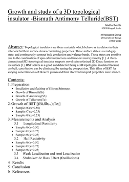 Growth and Study of a 3D Topological Insulator -Bismuth Antimony Telluride(BST) Madhur Mehta IISER Bhopal, India