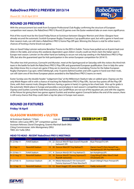 Rabodirect PRO12 PREVIEW 2013/14 ROUND 20 PREVIEWS ROUND 20 FIXTURES