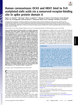 Human Coronaviruses OC43 and HKU1 Bind to 9-O- Acetylated Sialic Acids Via a Conserved Receptor-Binding Site in Spike Protein Domain A