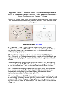 Eggtronic E2WATT Wireless Power Supply Technology Offers a Route