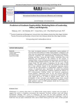 Predictors of Graduate Employability: Mediating Roles of Leadership, Ethics, and Religiosity