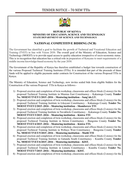 TENDER NOTICE – 70 NEW Ttis