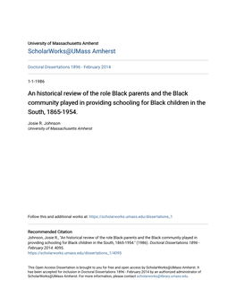 An Historical Review of the Role Black Parents and the Black Community Played in Providing Schooling for Black Children in the South, 1865-1954