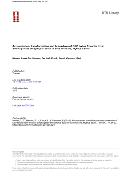Accumulation, Transformation and Breakdown of DSP Toxins from the Toxic Dinoflagellate Dinophysis Acuta in Blue Mussels, Mytilus Edulis