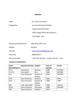 Dr. Cosma Fernandes Designation