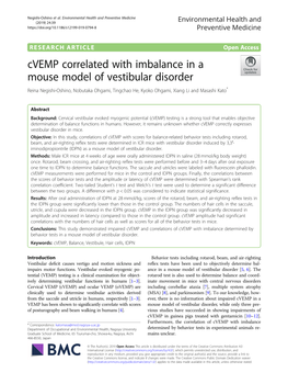 Cvemp Correlated with Imbalance in a Mouse Model of Vestibular Disorder Reina Negishi-Oshino, Nobutaka Ohgami, Tingchao He, Kyoko Ohgami, Xiang Li and Masashi Kato*