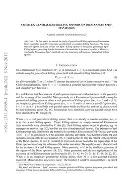 Arxiv:1311.0969V1 [Math.DG] 5 Nov 2013 an B Mgnr Iln Pnr,Ascae Ifrnilforms Differential Associated Spinors, Killing Imaginary Yterhlnm Ru 3,1] Riemannian 16]