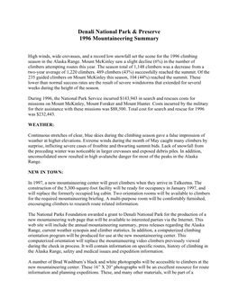 Denali National Park & Preserve 1996 Mountaineering Summary