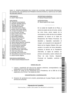 Num. 11.- Sesión Ordinaria Del Pleno De La Excma. Diputación Provincial De Castellón, Celebrada En Primera Convocatoria El Veinte De Octubre De Dos Mil Veinte