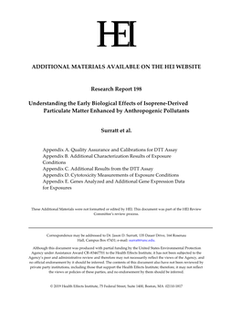 ADDITIONAL MATERIALS AVAILABLE on the HEI WEBSITE Research Report 198 Understanding the Early Biological Effects of Isoprene-Der
